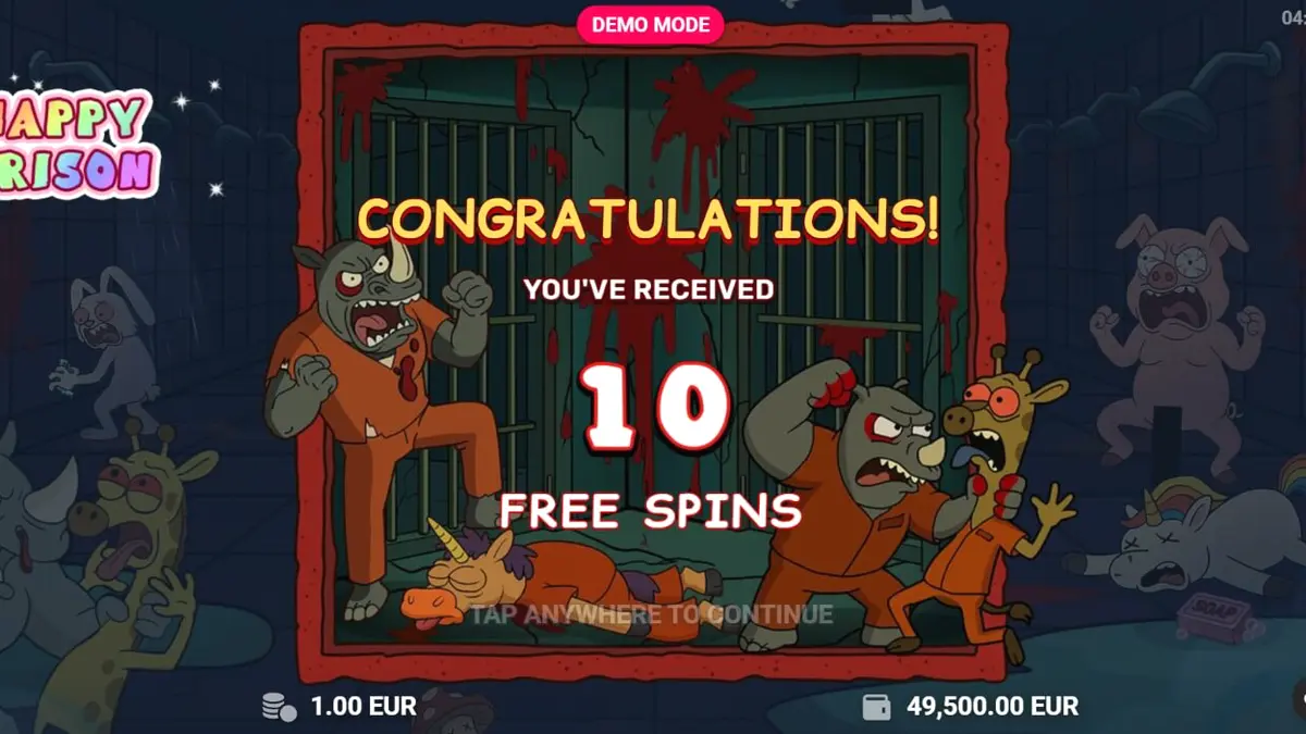 Tampilan antarmuka seluler slot Happy Prison dengan karakter lucu di latar belakang